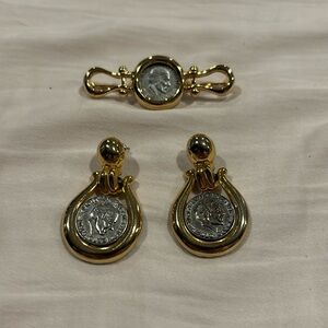 Vintage 1980’s gold plated with coin center earrings and matching pin